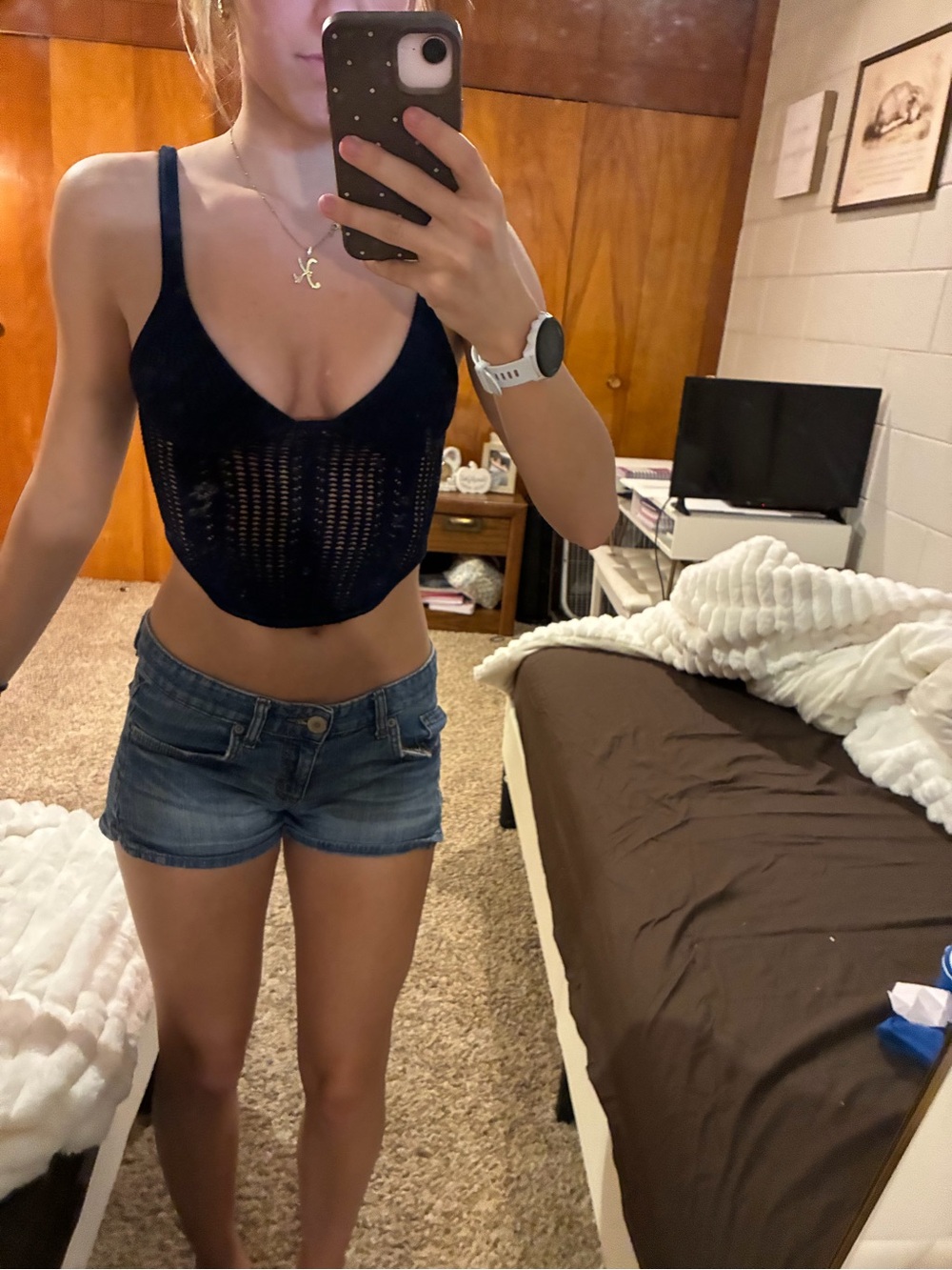 Garage Navy Crochet Knit Camisole Tank